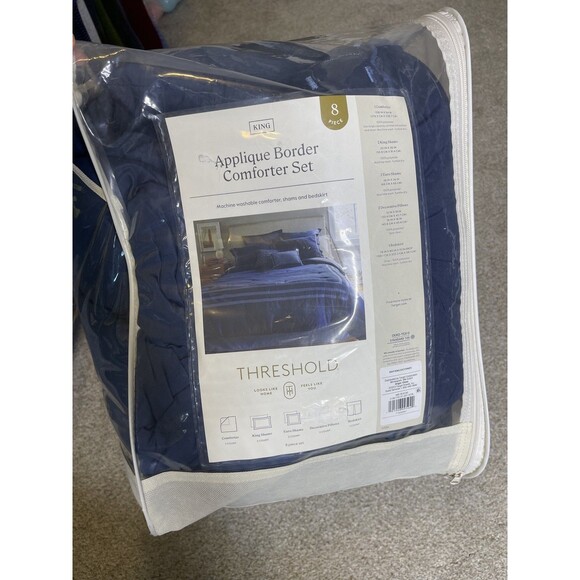 8pc Queen Applique Border Comforter Set Navy/Blue - Threshold: Embroidered, - Picture 4 of 6